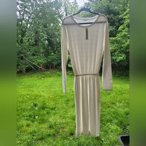 Tan Long Sleeve Bateau Neck Sheath Dress